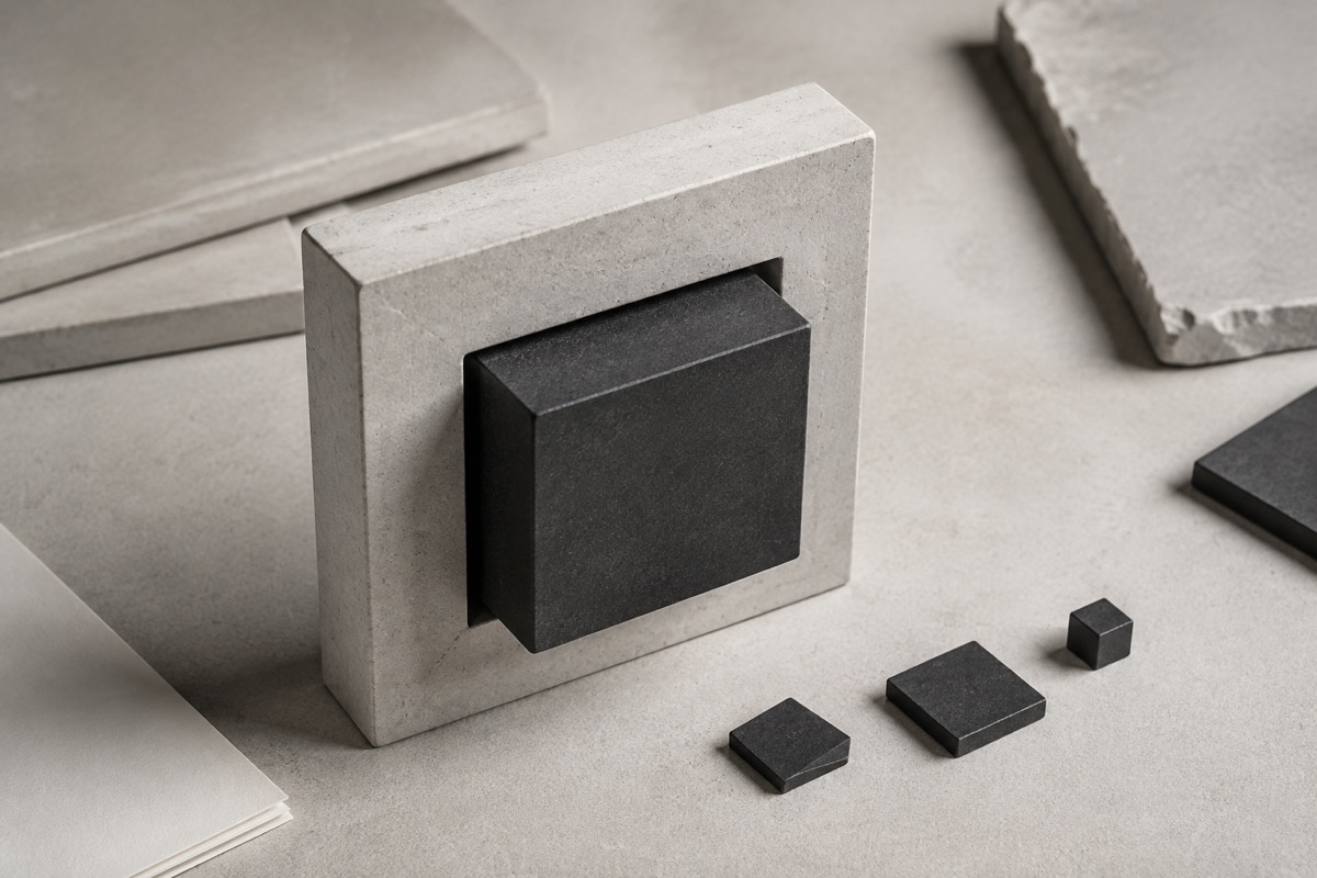 A charcoal square block fits through a precise opening in a pale stone frame.